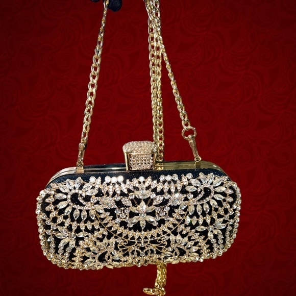 Crystal Rhinestone Embellished Black Evening Bag w/Handle & Chain Strap NWT - Picture 10 of 16